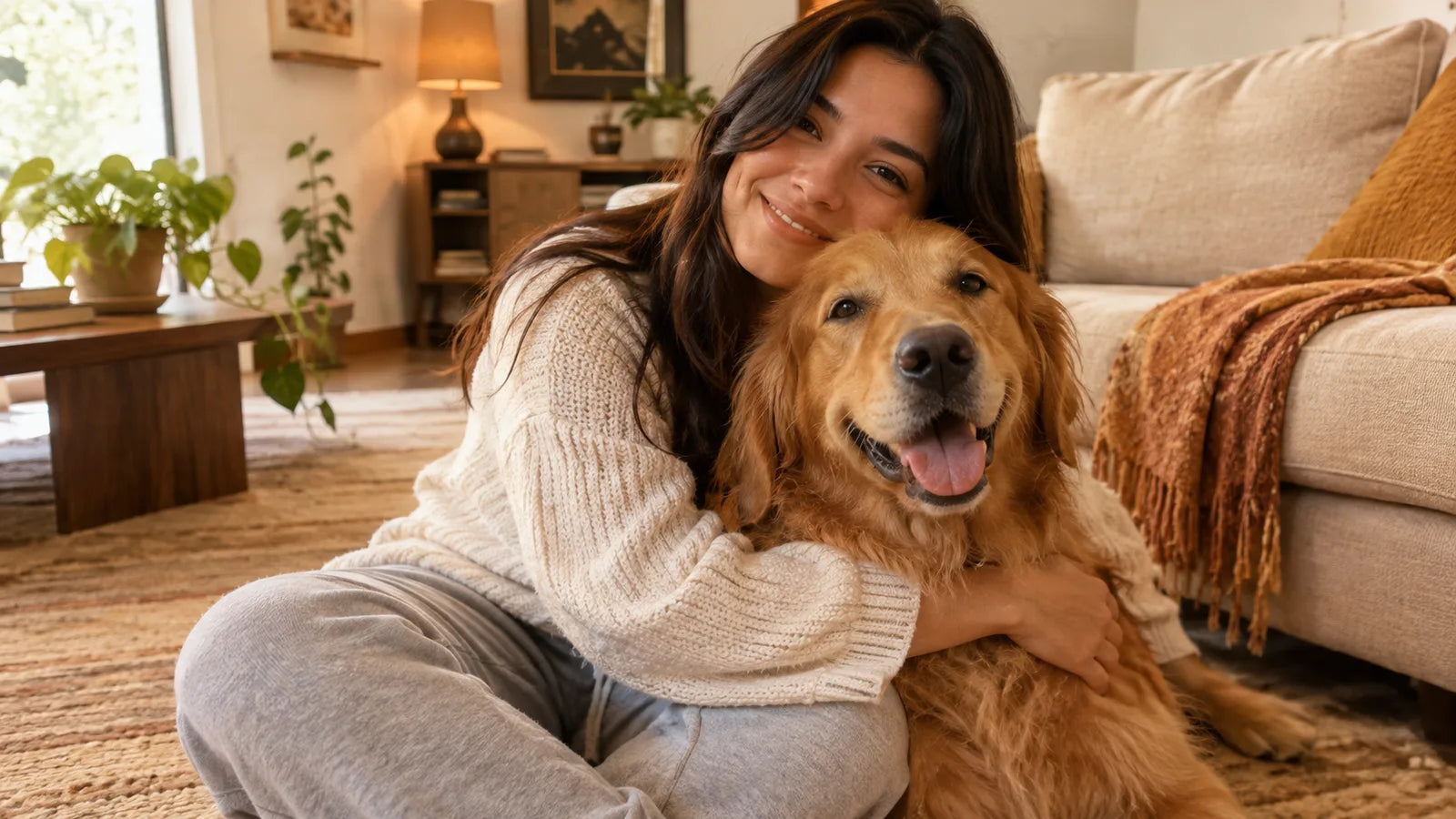Dueña abrazando a su perro